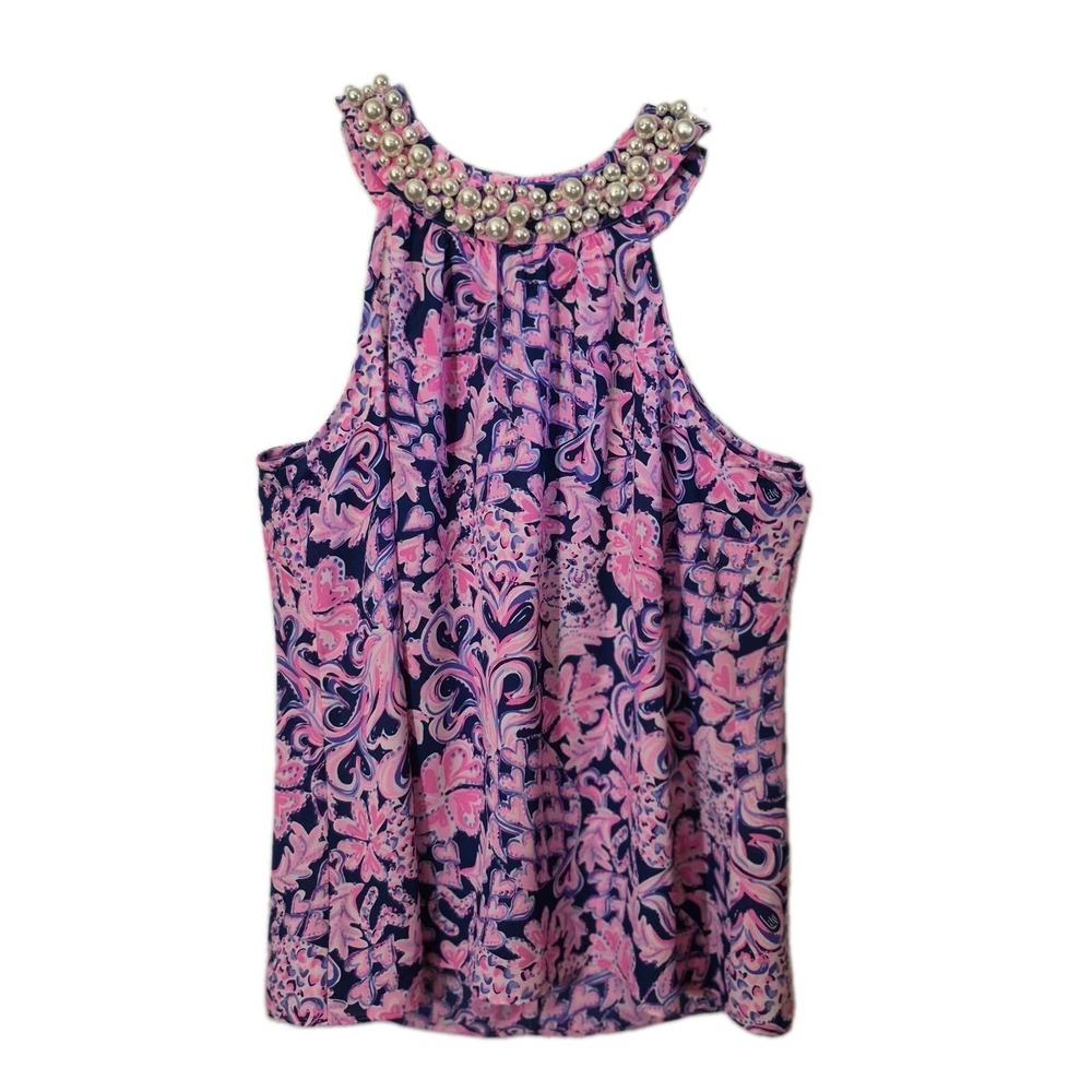 Lilly Pulitzer Shawn Halter Top Navy Pink Love You Bunches Pearl Tank Top M